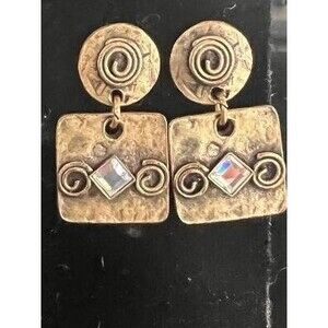 Vintage Aged Bronze Single Rhinestone Dangle Earrings